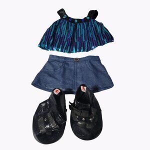 Build a Bear Outfit Purple Blue Shiny Shirt Denim Skirt Black Shoes BAB Clothes